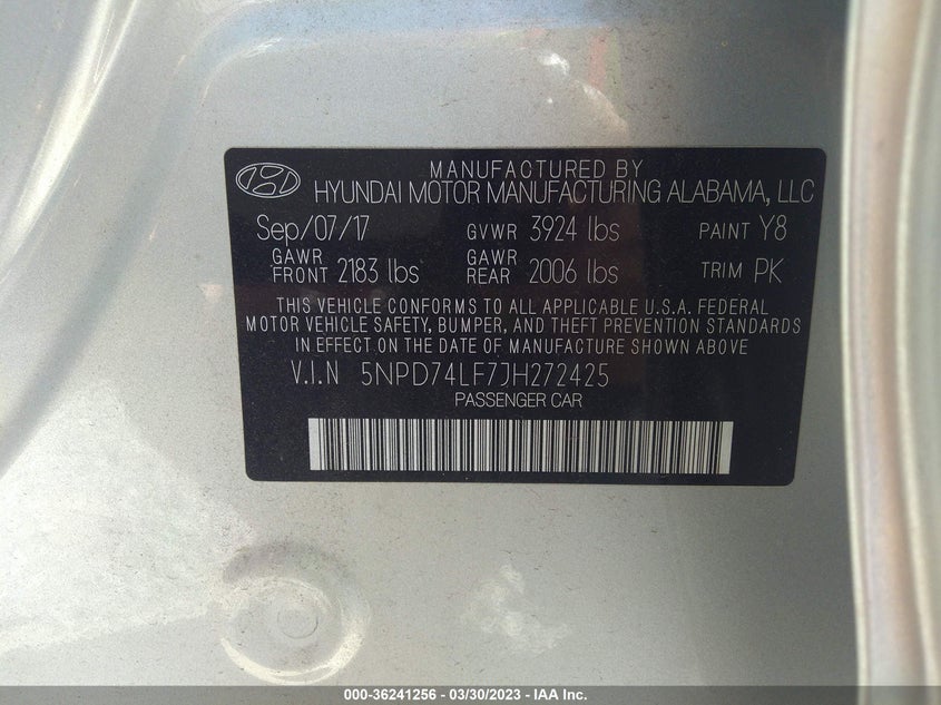 VIN 5NPD74LF7JH272425 2018 HYUNDAI ELANTRA SE