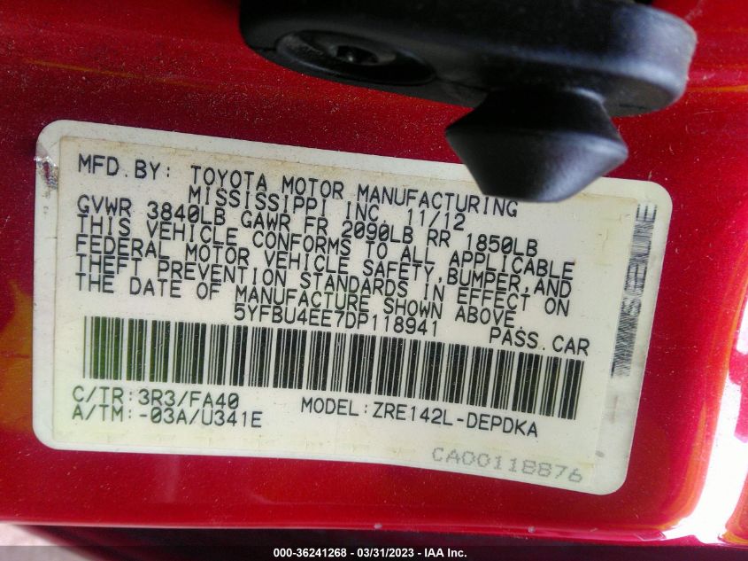 2013 TOYOTA COROLLA L/LE/S - 5YFBU4EE7DP118941