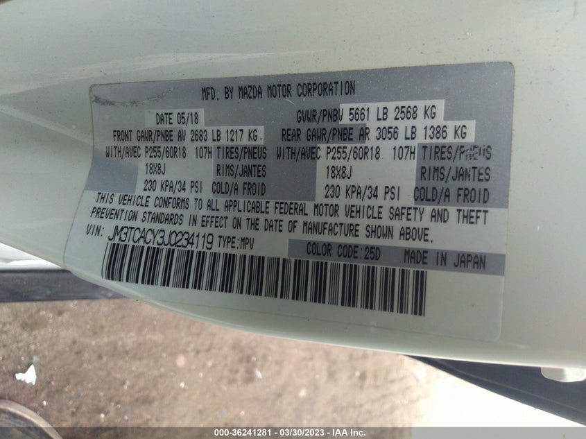 VIN JM3TCACY3J0234119 2018 MAZDA CX-9 TOURING