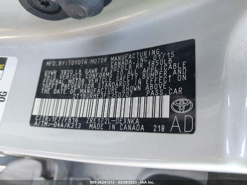 2015 TOYOTA COROLLA L/LE/S/S PLUS/LE PLUS - 2T1BURHE3FC350707