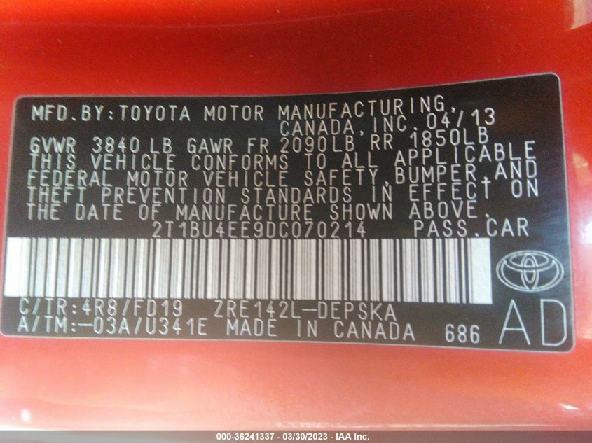 2013 TOYOTA COROLLA S - 2T1BU4EE9DC070214