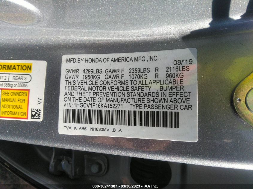 2019 HONDA ACCORD SEDAN LX 1.5T - 1HGCV1F16KA152271