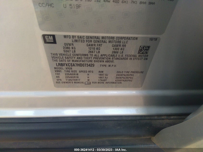 VIN LRBFXCSA7HD073429 2017 BUICK ENVISION PREFERRED
