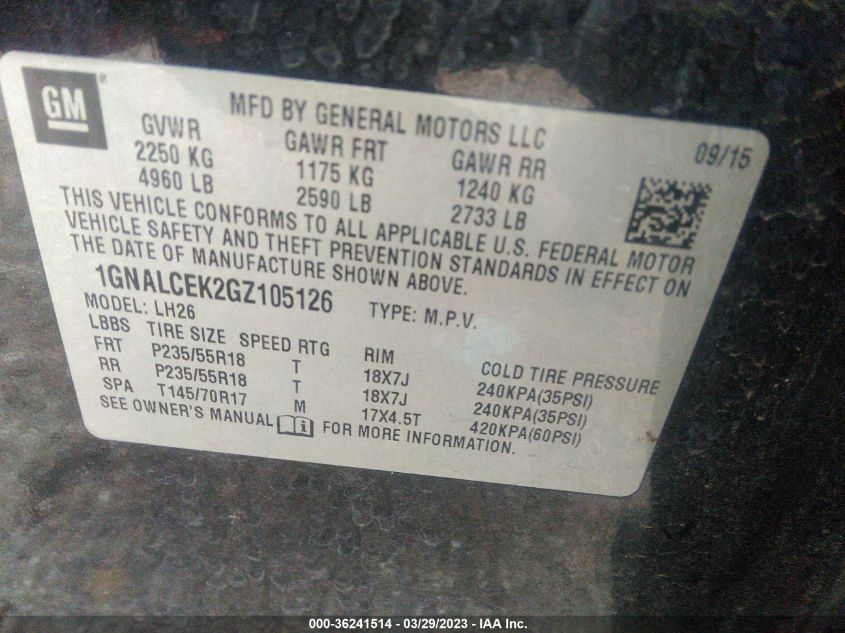 2016 CHEVROLET EQUINOX LT - 1GNALCEK2GZ105126