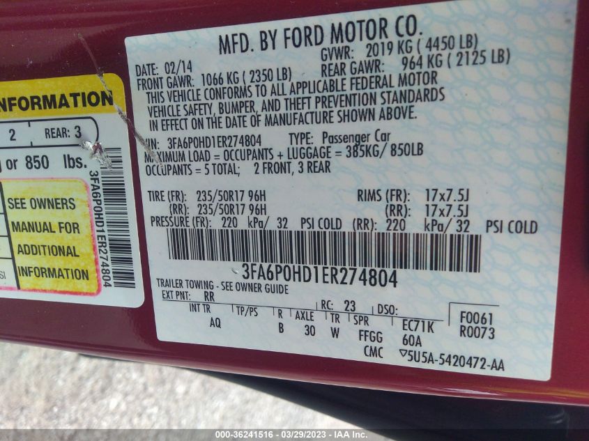 2014 FORD FUSION SE - 3FA6P0HD1ER274804