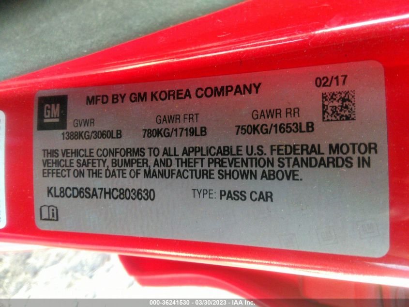 2017 CHEVROLET SPARK LT - KL8CD6SA7HC803630