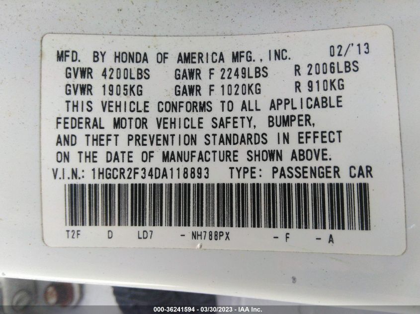 2013 HONDA ACCORD SDN LX - 1HGCR2F34DA118893