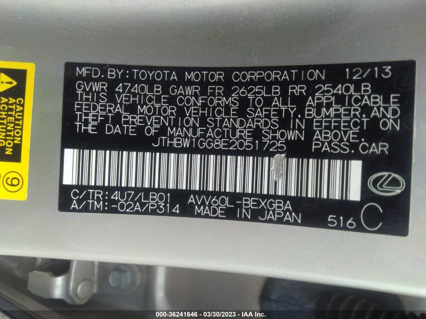 2014 LEXUS ES 300H HYBRID - JTHBW1GG8E2051725