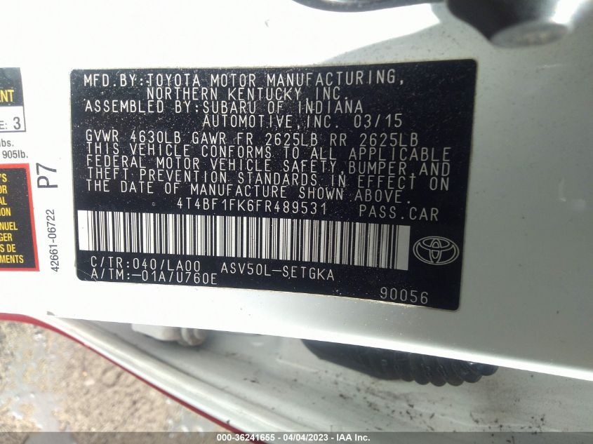 2015 TOYOTA CAMRY XLE/SE/LE/XSE - 4T4BF1FK6FR489531