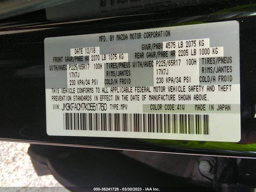 VIN JM3KFACM7K0551760 2019 MAZDA CX-5 TOURING