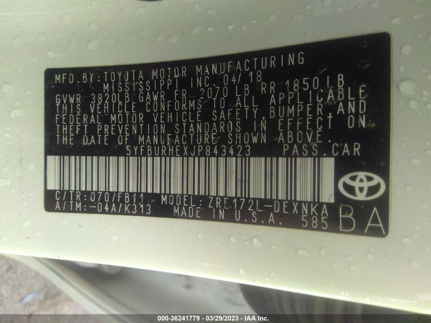 2018 TOYOTA COROLLA L/LE/XLE/SE/XSE - 5YFBURHEXJP843423