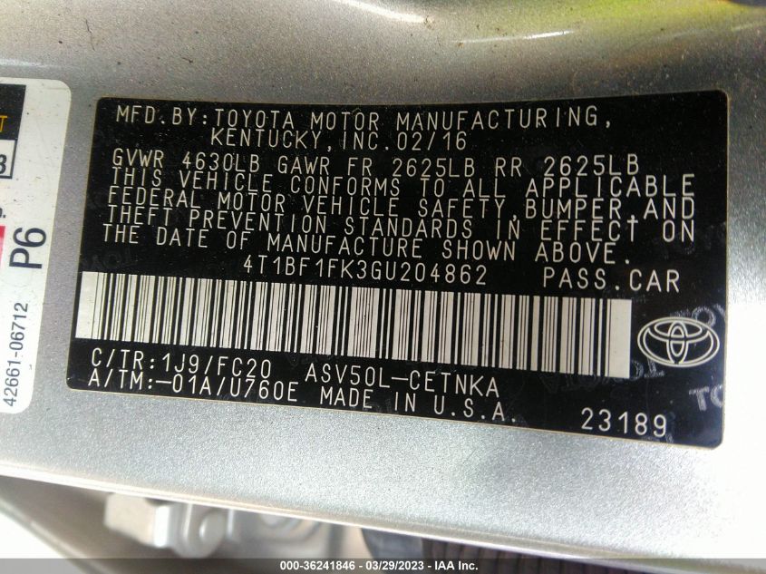 2016 TOYOTA CAMRY XLE/SE/LE/XSE - 4T1BF1FK3GU204862