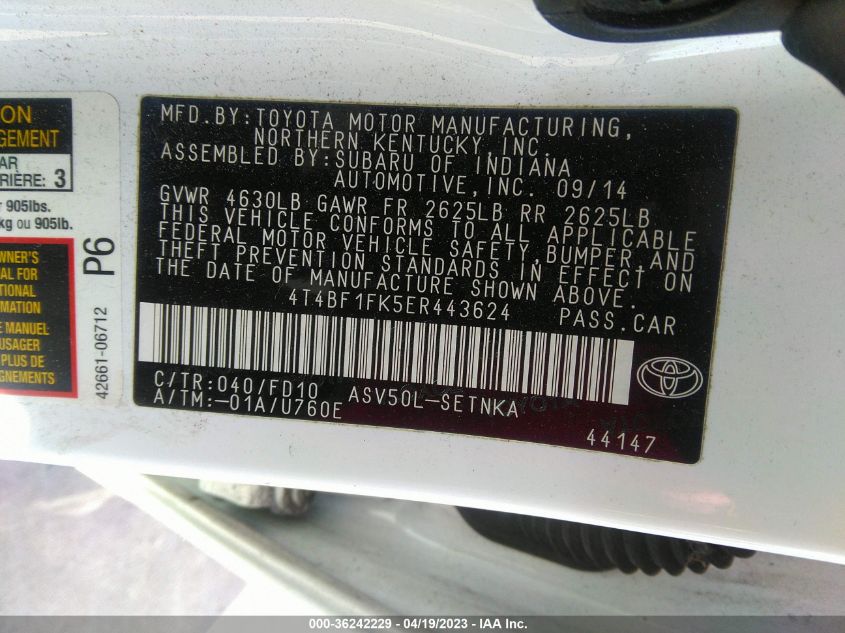 2014 TOYOTA CAMRY L/LE/XLE/SE/SE SPORT - 4T4BF1FK5ER443624