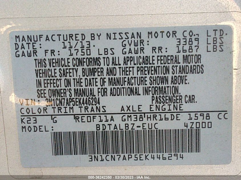 2014 NISSAN VERSA SV - 3N1CN7AP5EK446294