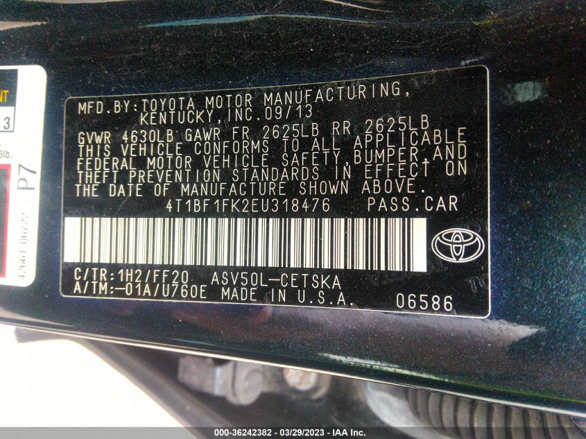 2014 TOYOTA CAMRY L/LE/XLE/SE/SE SPORT - 4T1BF1FK2EU318476