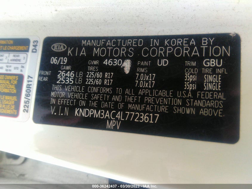 VIN KNDPM3AC4L7723617 2020 KIA SPORTAGE LX