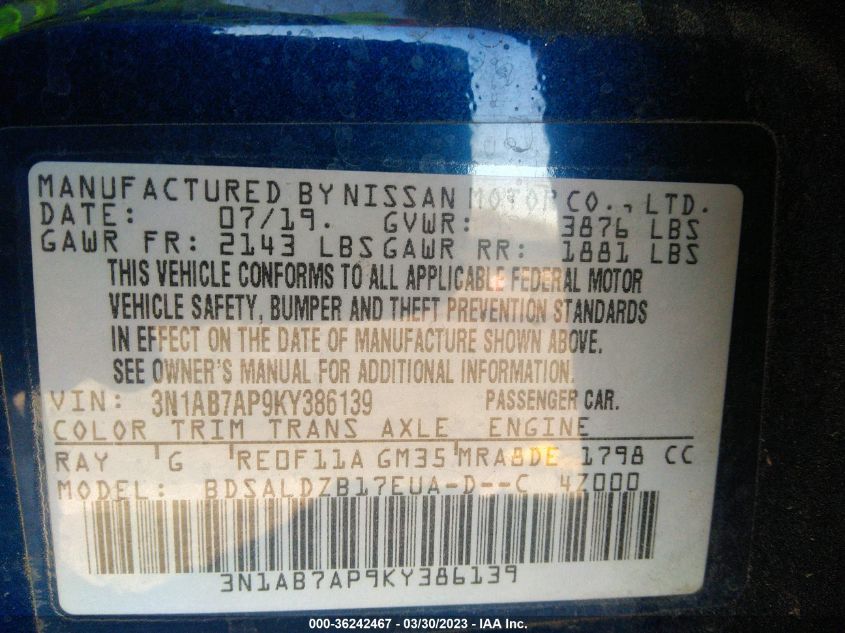 2019 NISSAN SENTRA SV - 3N1AB7AP9KY386139