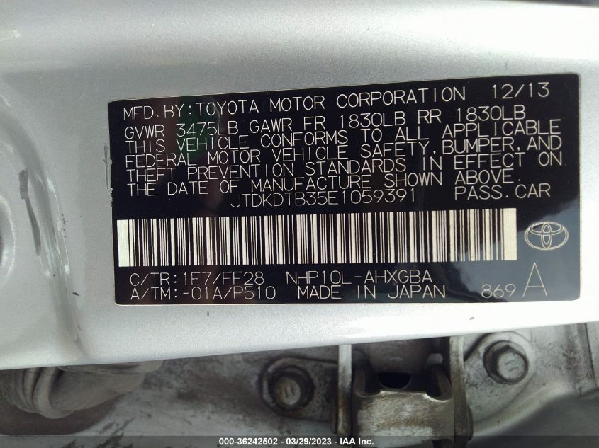 2014 TOYOTA PRIUS C ONE/THREE/TWO/FOUR - JTDKDTB35E1059391