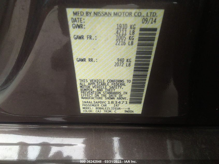 2015 NISSAN ALTIMA 2.5 S - 1N4AL3AP0FC183471