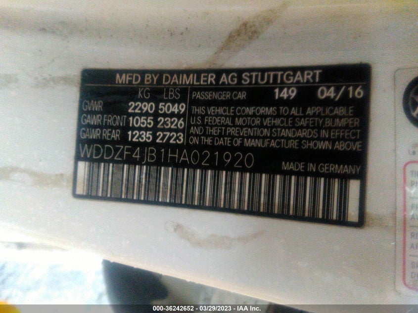 VIN WDDZF4JB1HA021920 2017 MERCEDES-BENZ E-CLASS E 300