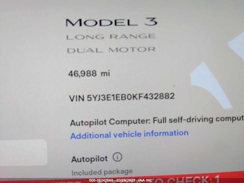 2019 TESLA MODEL 3 LONG RANGE/PERFORMANCE - 5YJ3E1EB0KF432882