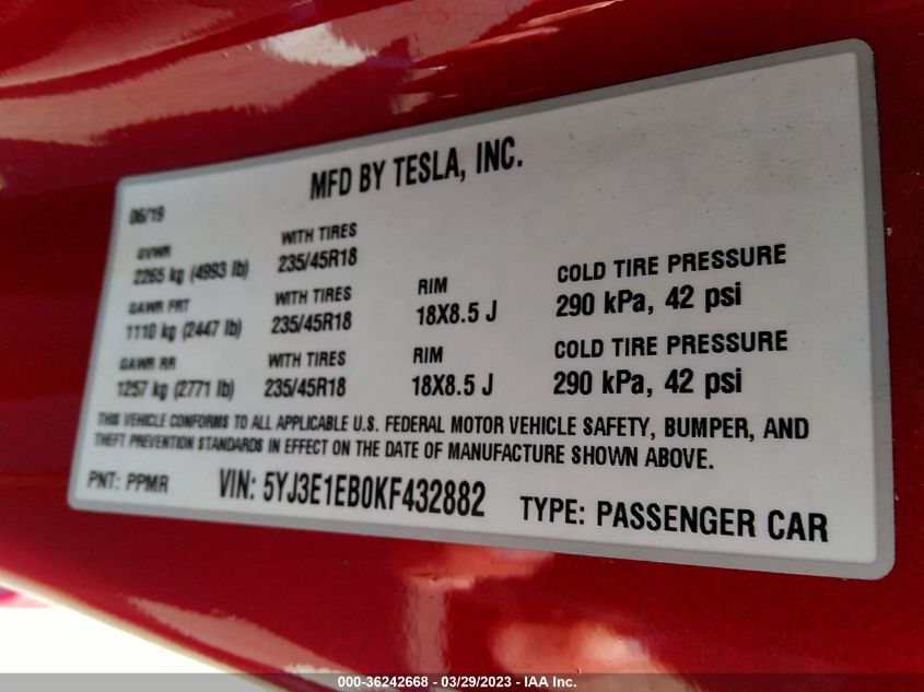 2019 TESLA MODEL 3 LONG RANGE/PERFORMANCE - 5YJ3E1EB0KF432882