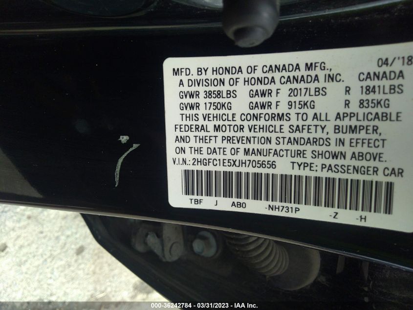 2018 HONDA CIVIC SI SEDAN - 2HGFC1E5XJH705656