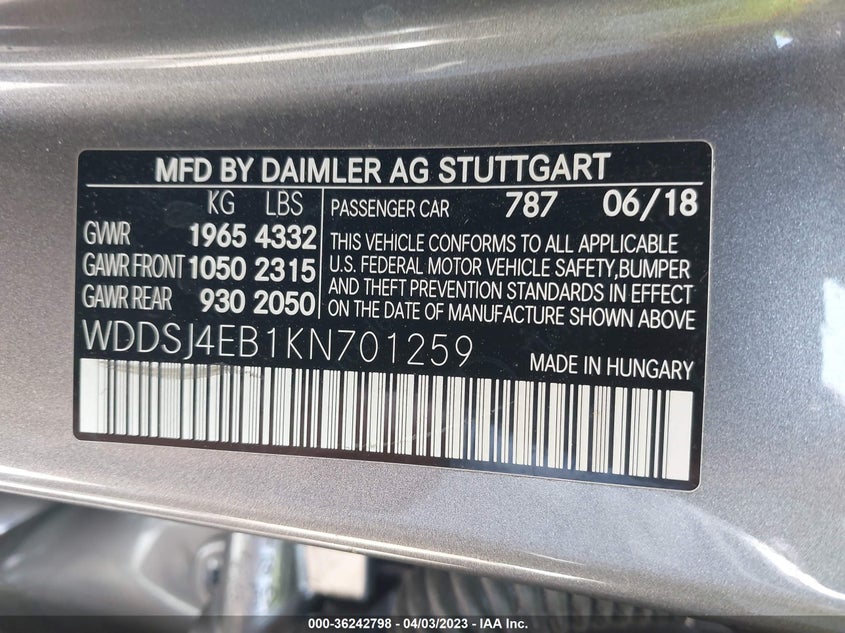 VIN WDDSJ4EB1KN701259 2019 MERCEDES-BENZ CLA CLA 250