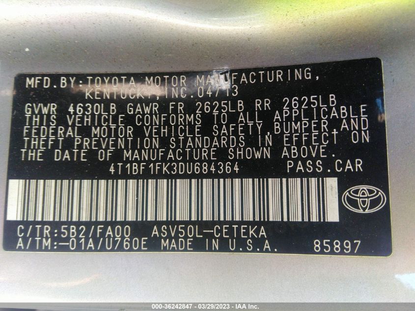 2013 TOYOTA CAMRY L/LE/SE/XLE - 4T1BF1FK3DU684364