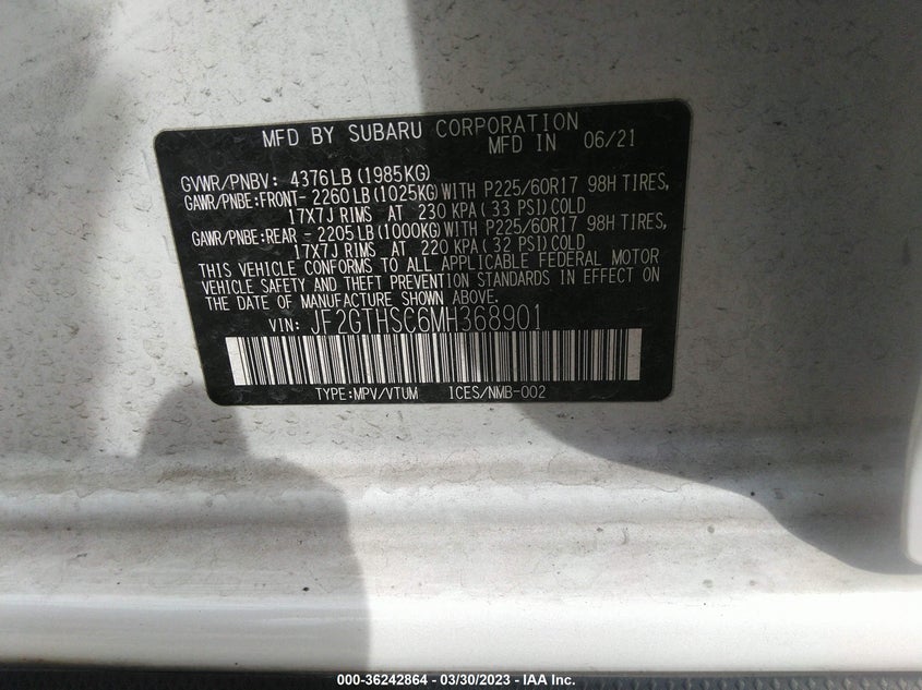 VIN JF2GTHSC6MH368901 2021 SUBARU CROSSTREK SPORT