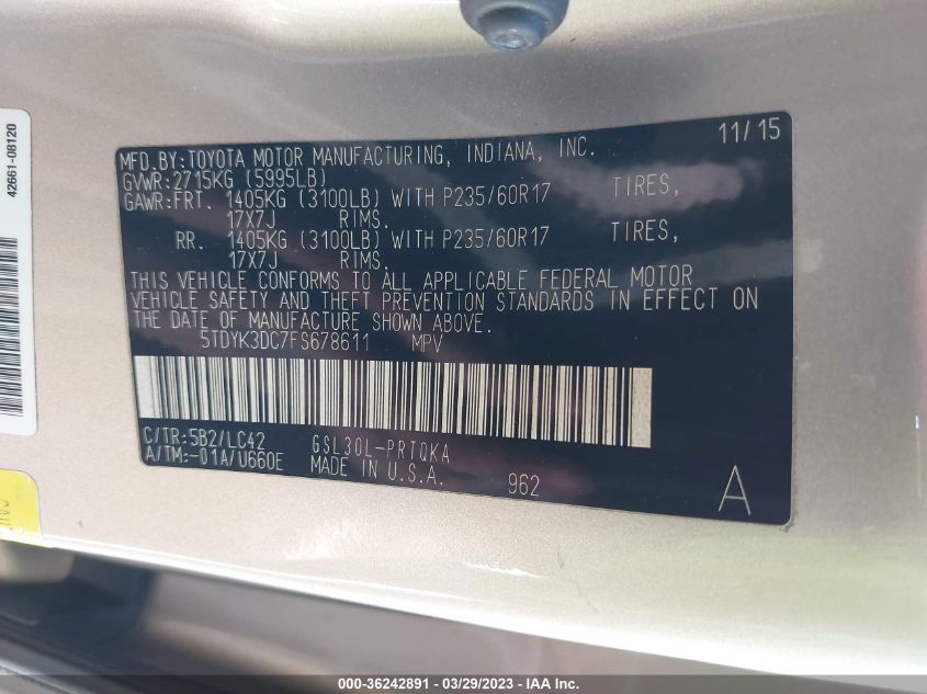 2015 TOYOTA SIENNA XLE/XLE AAS/LTD - 5TDYK3DC7FS678611