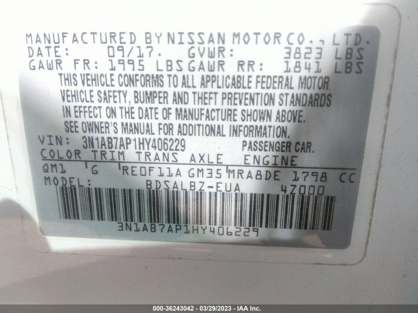 2017 NISSAN SENTRA S - 3N1AB7AP1HY406229