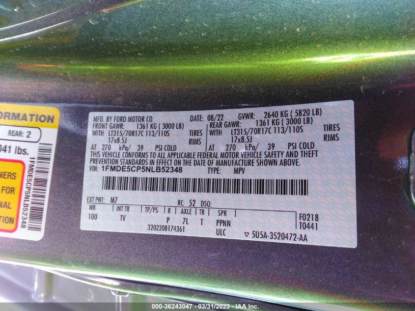 2022 FORD BRONCO BASE/BIG BEND 1FMDE5CP5NLB52348