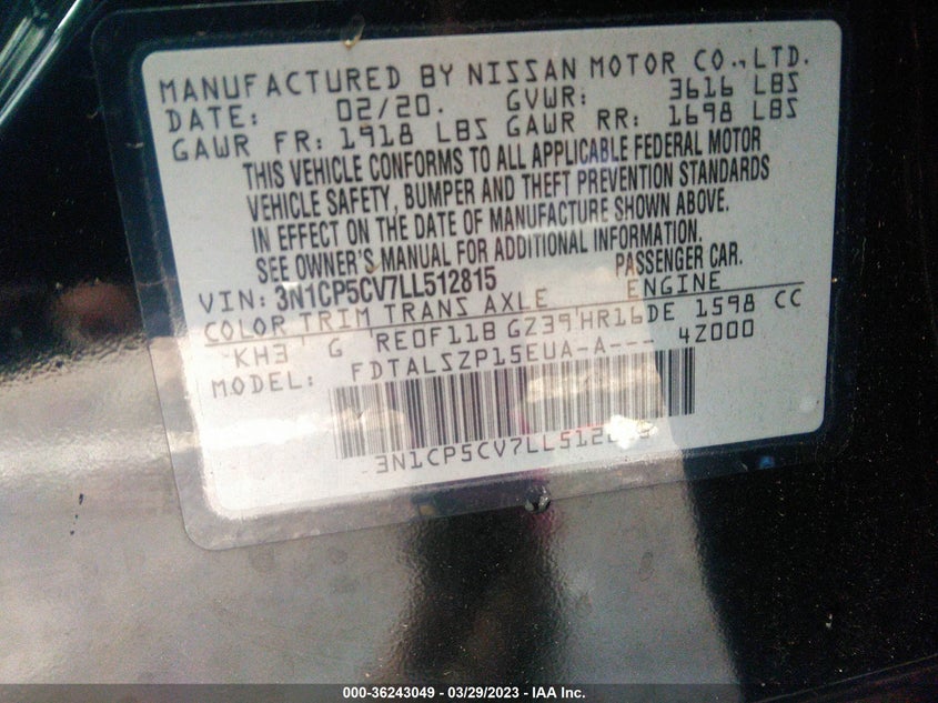 VIN 3N1CP5CV7LL512815 2020 NISSAN KICKS SV