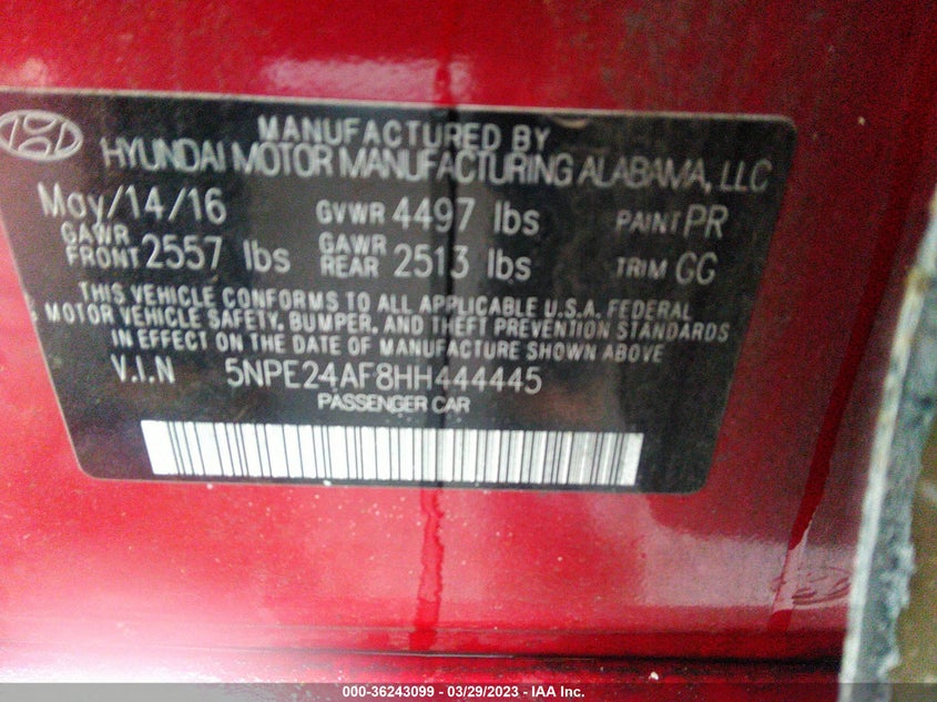VIN 5NPE24AF8HH444445 2017 HYUNDAI SONATA SE