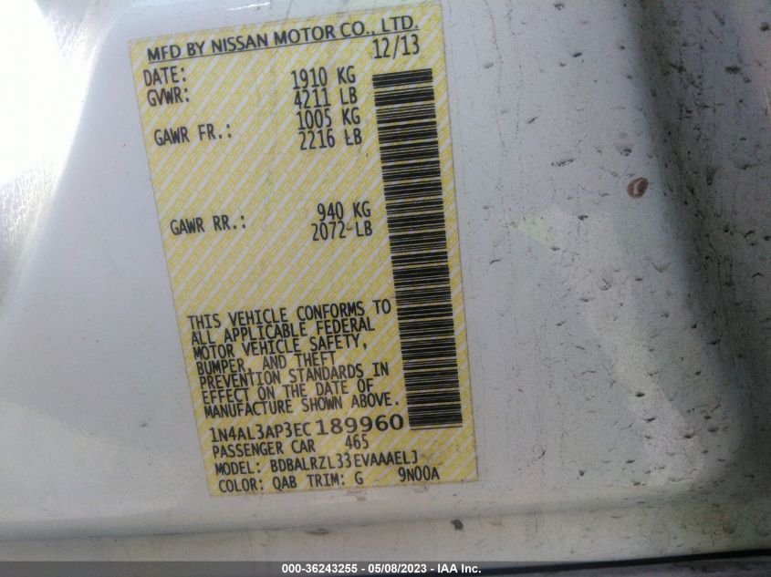 2014 NISSAN ALTIMA 2.5 S - 1N4AL3AP3EC189960