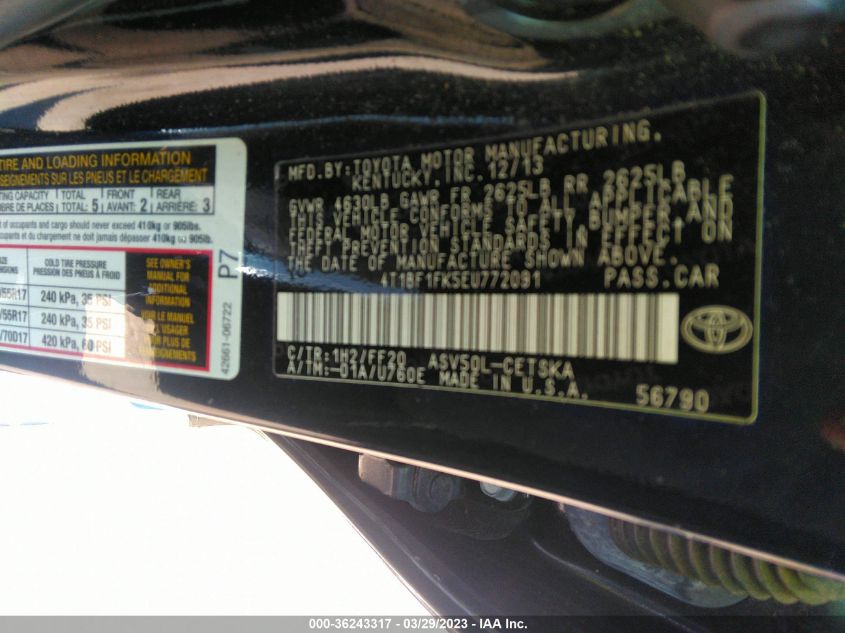 2014 TOYOTA CAMRY L/LE/XLE/SE/SE SPORT - 4T1BF1FK5EU772091