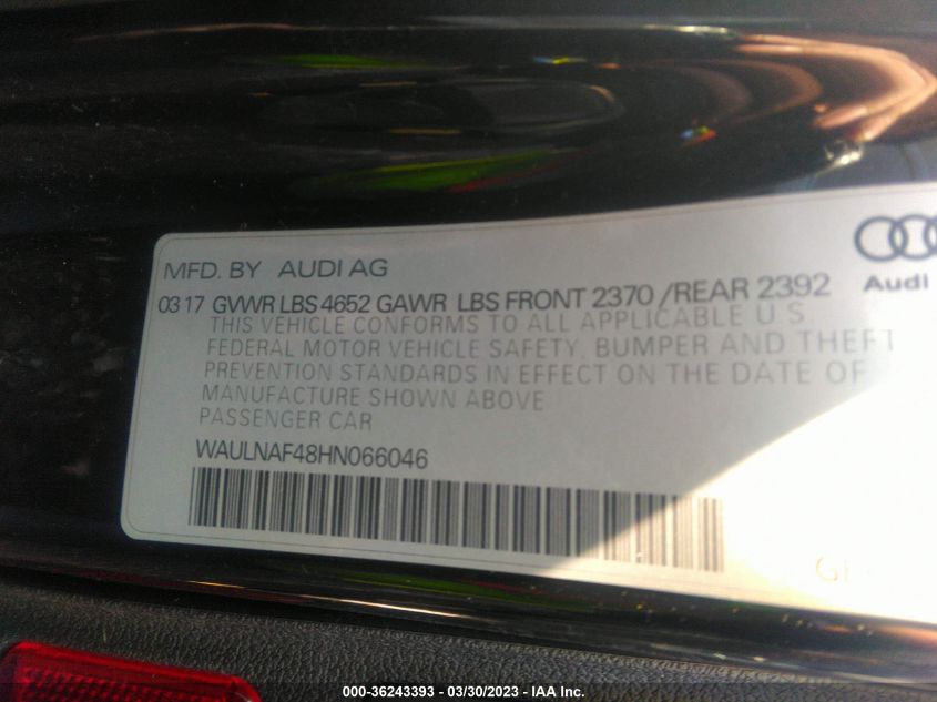 2017 AUDI A4 PREMIUM PLUS - WAULNAF48HN066046
