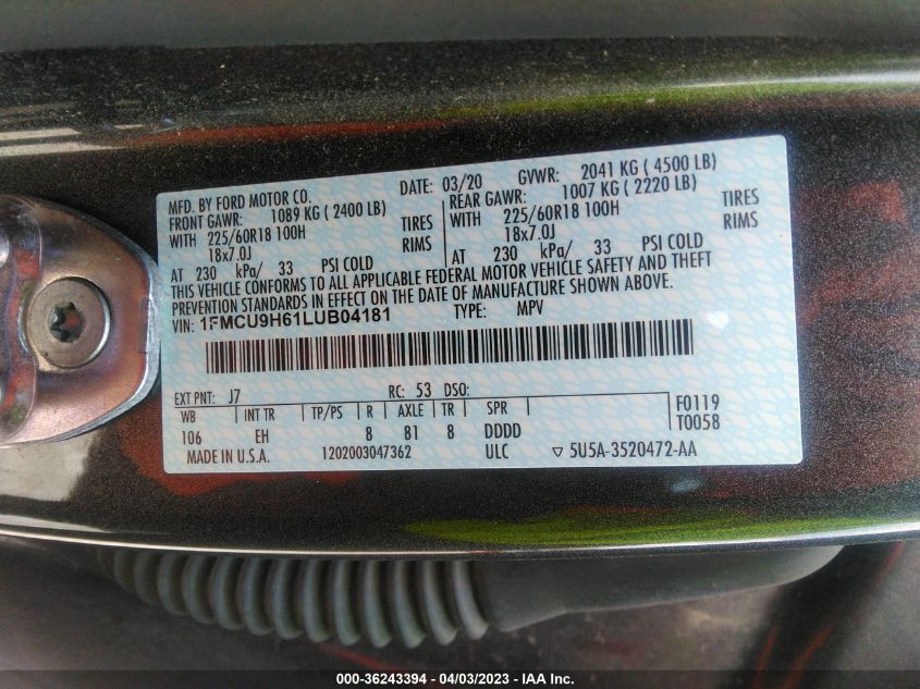 1FMCU9H61LUB04181 2020 FORD ESCAPE, photo no. 9