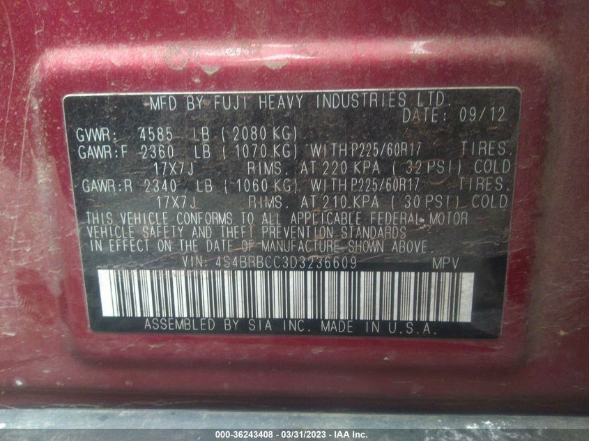 2013 SUBARU OUTBACK 2.5I PREMIUM - 4S4BRBCC3D3236609