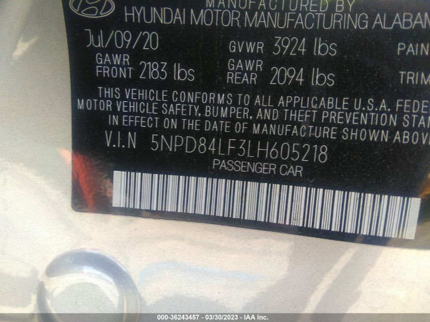 2020 HYUNDAI ELANTRA SEL - 5NPD84LF3LH605218