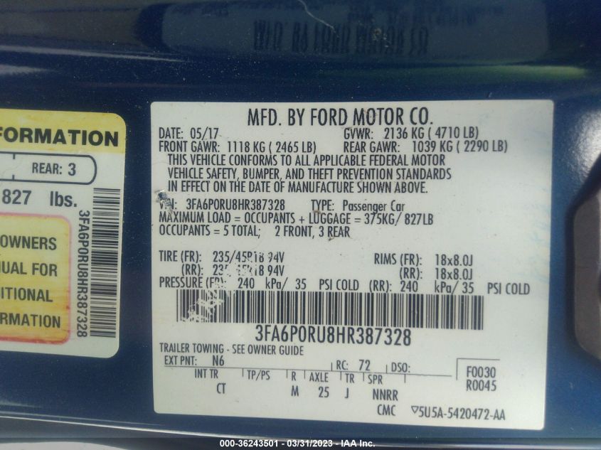 2017 FORD FUSION HYBRID - 3FA6P0RU8HR387328