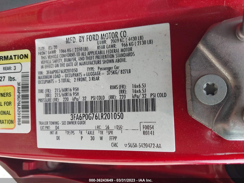 VIN 3FA6P0G76LR201050 2020 FORD FUSION S