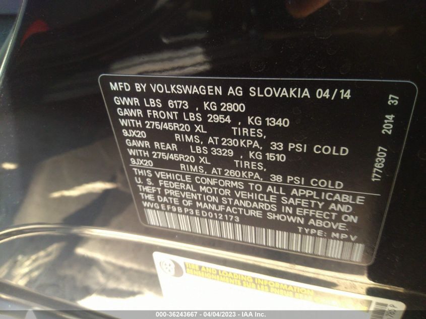 2014 VOLKSWAGEN TOUAREG EXEC WVGEF9BP3ED012173