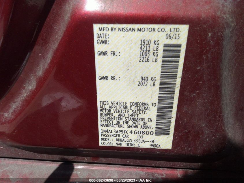 2015 NISSAN ALTIMA 2.5 S - 1N4AL3AP9FC460800