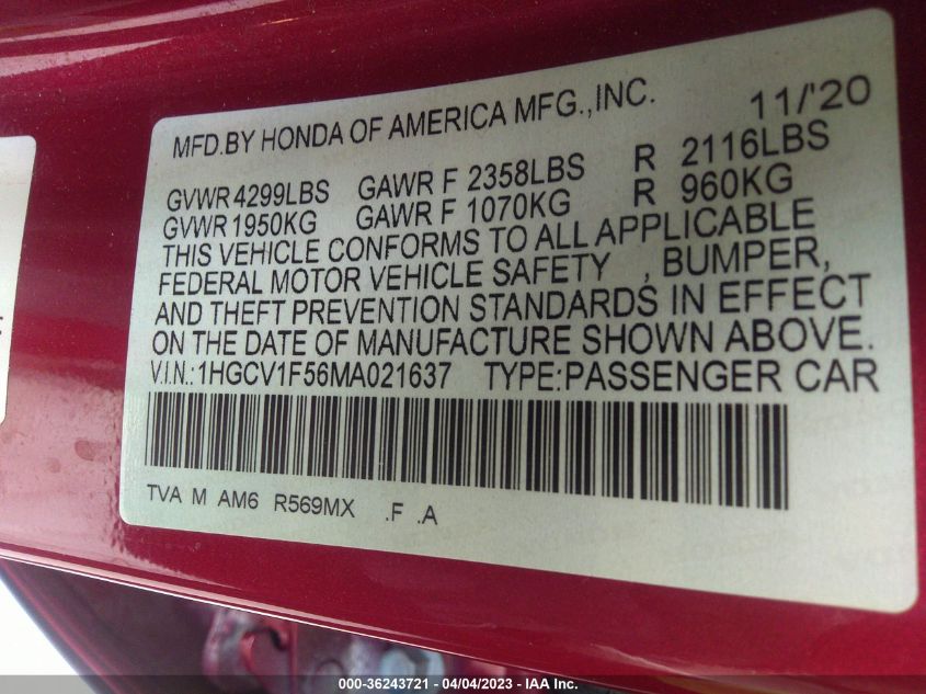 2021 HONDA ACCORD SEDAN EX-L - 1HGCV1F56MA021637