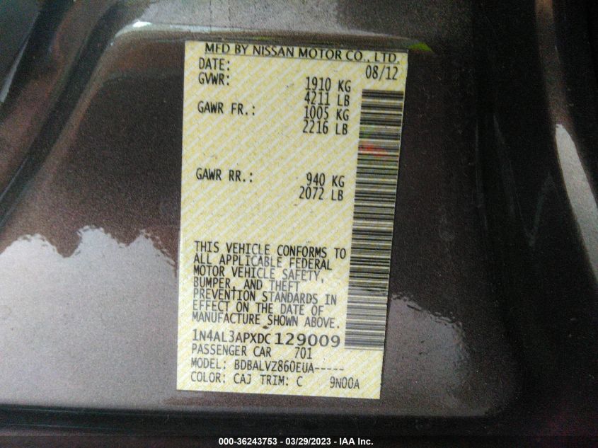 2013 NISSAN ALTIMA 2.5 SL - 1N4AL3APXDC129009