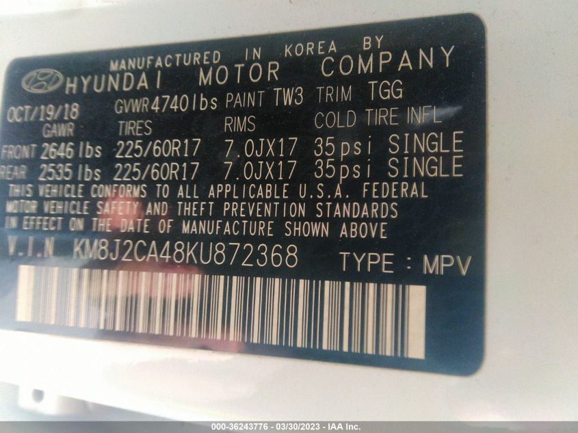 2019 HYUNDAI TUCSON SE - KM8J2CA48KU872368