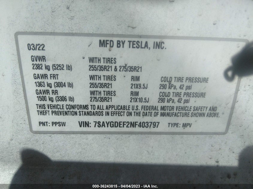 VIN 7SAYGDEF2NF403797 2022 TESLA MODEL Y PERFORMANCE