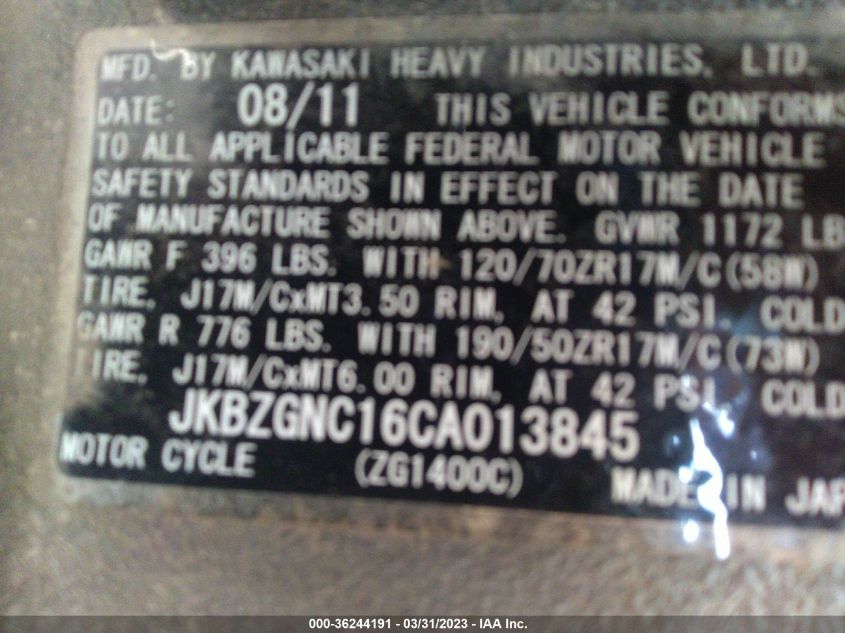 2012 KAWASAKI ZG1400 C JKBZGNC16CA013845